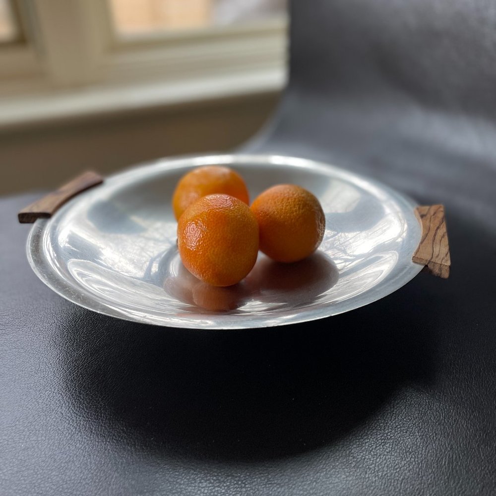 Vintage 70s Danish Denmark Stainless Steel Metal Bowl w/ Wood Handles
